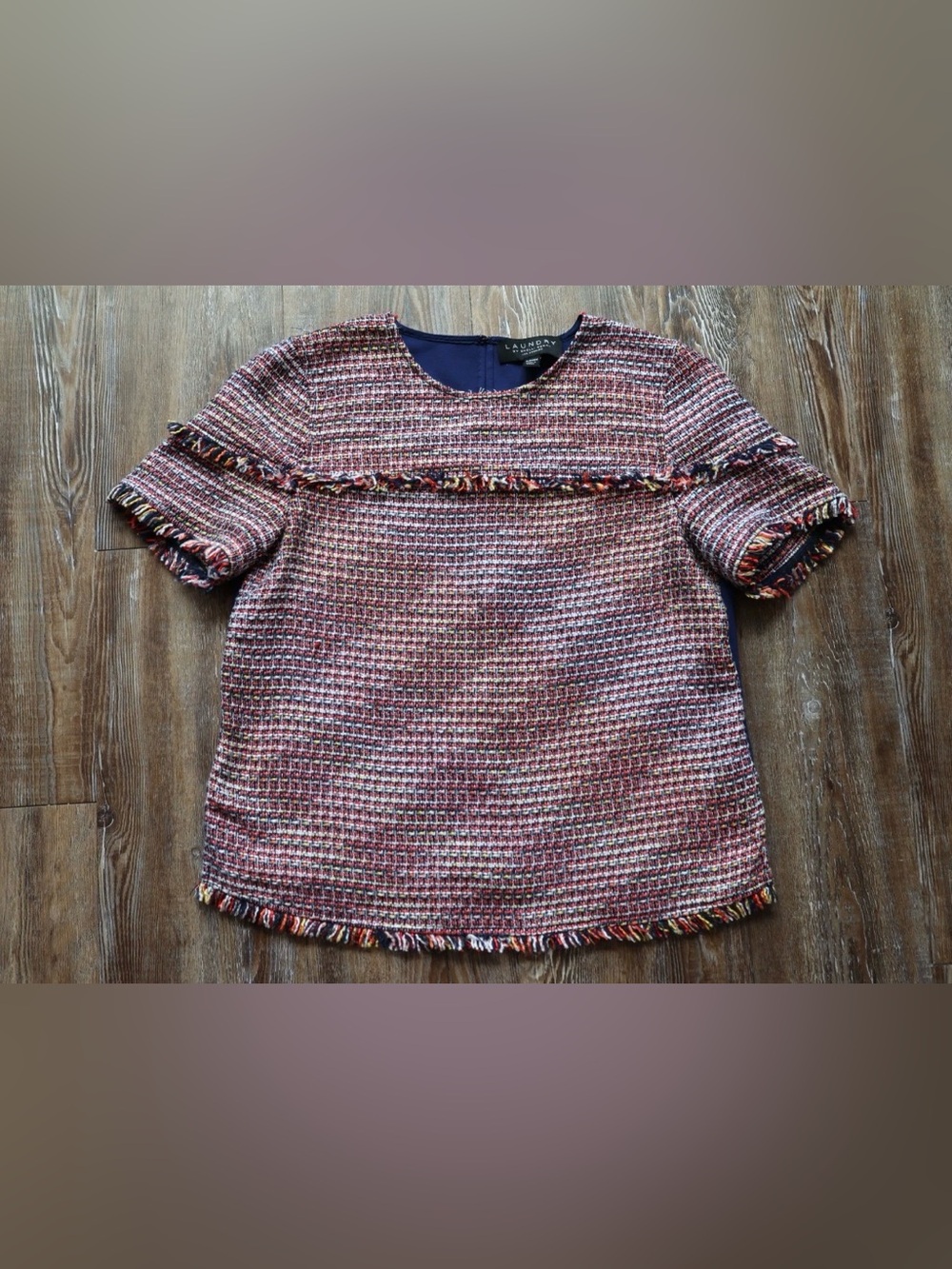 Textured Tweed Fringe Blouse Preppy Top Womens Small